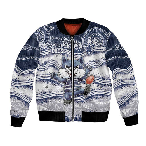 Custom Geelong Navy Bomber Jacket Playful Cat Kicking Ball