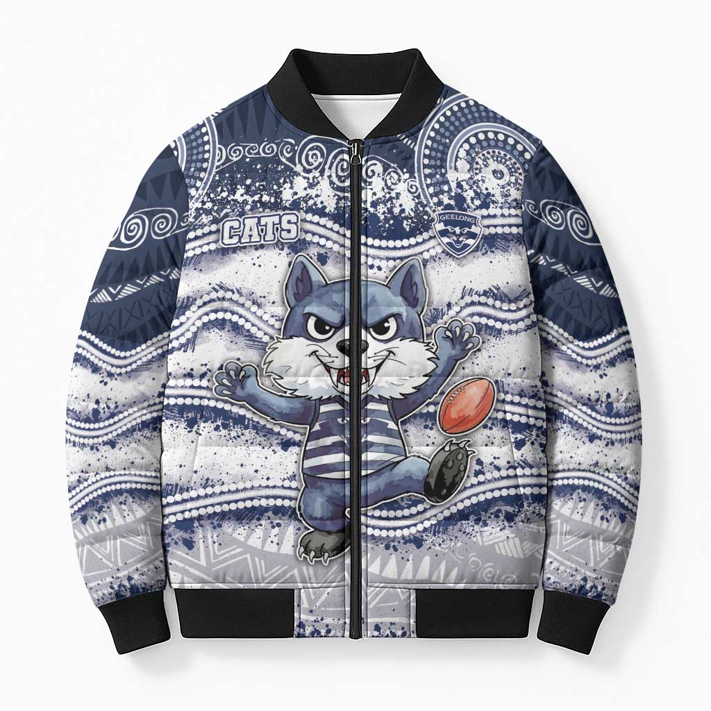 Custom Geelong Navy Bomber Puffer Jacket Playful Cat Kicking Ball