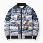 Custom Geelong Navy Bomber Puffer Jacket Playful Cat Kicking Ball