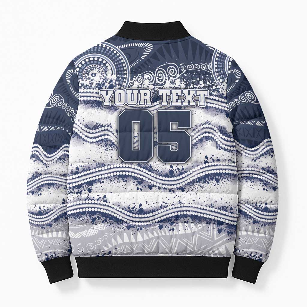 Custom Geelong Navy Bomber Puffer Jacket Playful Cat Kicking Ball