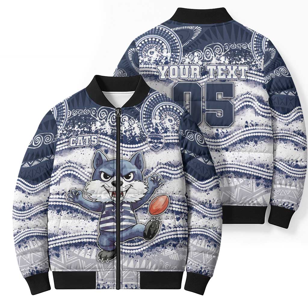 Custom Geelong Navy Bomber Puffer Jacket Playful Cat Kicking Ball