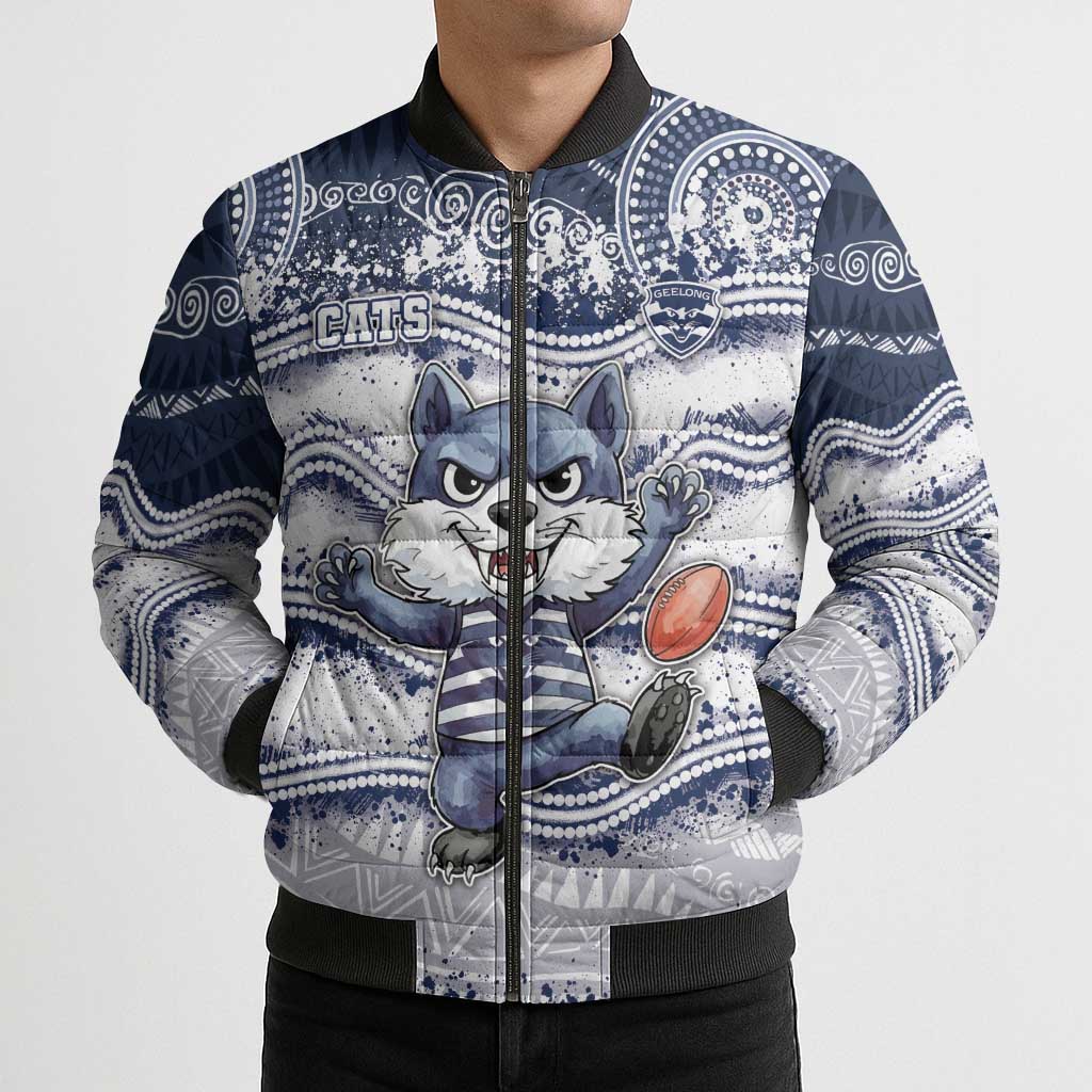 Custom Geelong Navy Bomber Puffer Jacket Playful Cat Kicking Ball