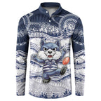Custom Geelong Navy Button Sweatshirt Playful Cat Kicking Ball
