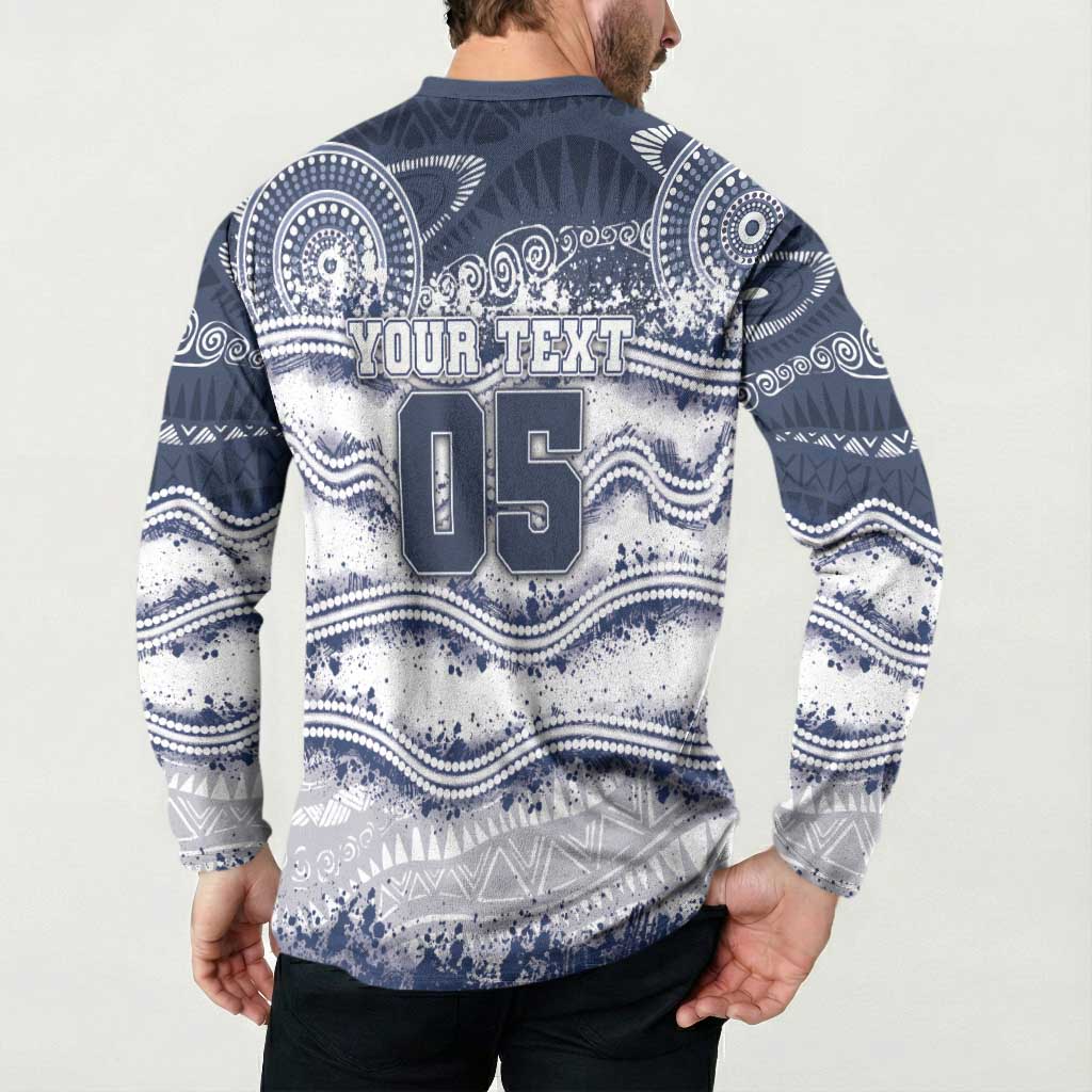 Custom Geelong Navy Button Sweatshirt Playful Cat Kicking Ball