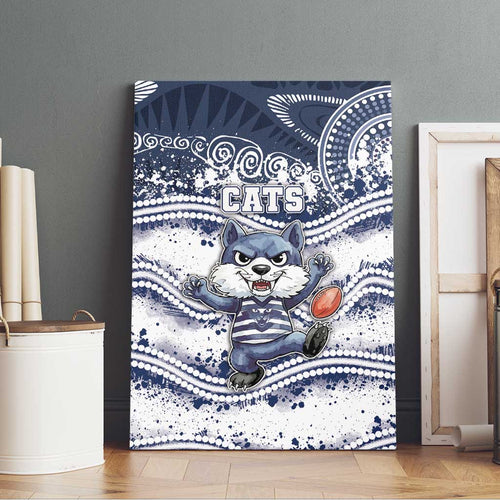 Geelong Navy Canvas Wall Art Playful Cat Kicking Ball