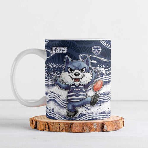 Custom Geelong Navy Ceramic Mug Playful Cat Kicking Ball