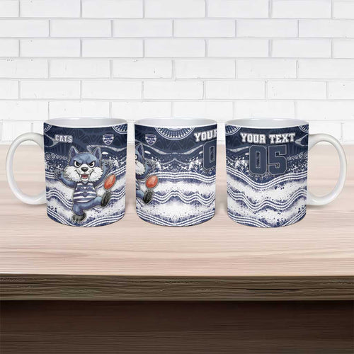 Custom Geelong Navy Ceramic Mug Playful Cat Kicking Ball