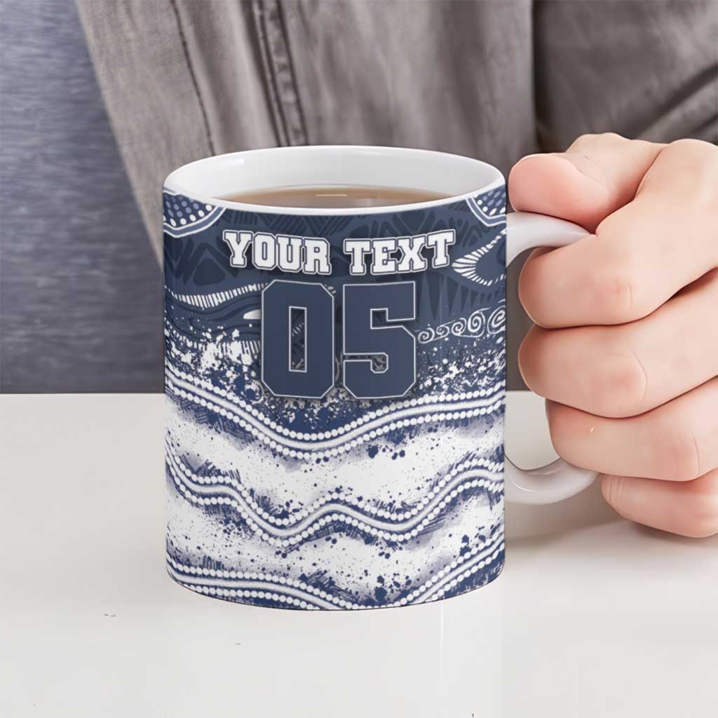 Custom Geelong Navy Ceramic Mug Playful Cat Kicking Ball