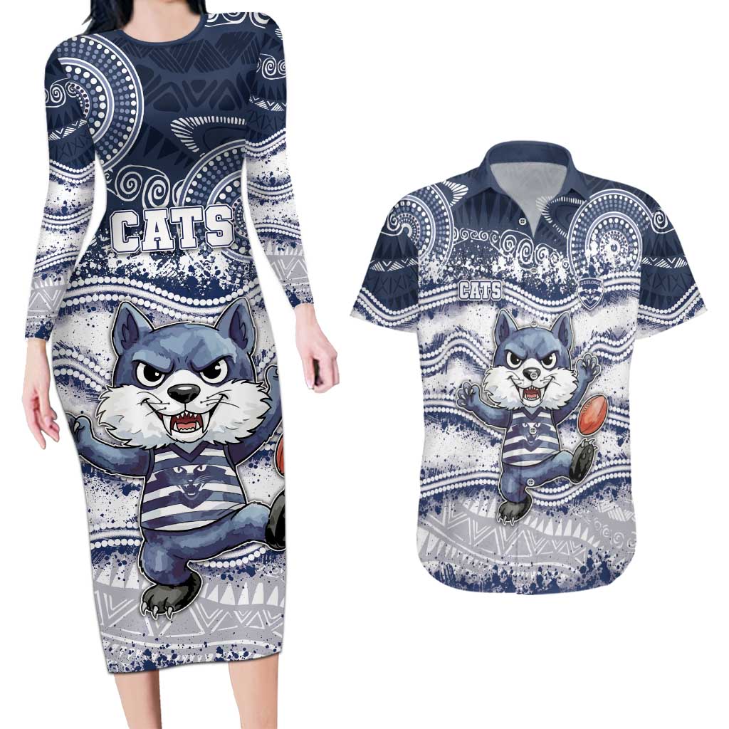 Custom Geelong Navy Couples Matching Long Sleeve Bodycon Dress and Hawaiian Shirt Playful Cat Kicking Ball
