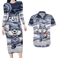 Custom Geelong Navy Couples Matching Long Sleeve Bodycon Dress and Hawaiian Shirt Playful Cat Kicking Ball