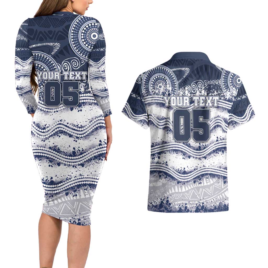 Custom Geelong Navy Couples Matching Long Sleeve Bodycon Dress and Hawaiian Shirt Playful Cat Kicking Ball