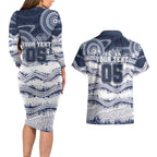 Custom Geelong Navy Couples Matching Long Sleeve Bodycon Dress and Hawaiian Shirt Playful Cat Kicking Ball