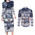 Custom Geelong Navy Couples Matching Long Sleeve Bodycon Dress and Long Sleeve Button Shirt Playful Cat Kicking Ball