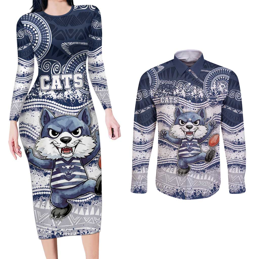 Custom Geelong Navy Couples Matching Long Sleeve Bodycon Dress and Long Sleeve Button Shirt Playful Cat Kicking Ball