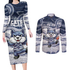 Custom Geelong Navy Couples Matching Long Sleeve Bodycon Dress and Long Sleeve Button Shirt Playful Cat Kicking Ball