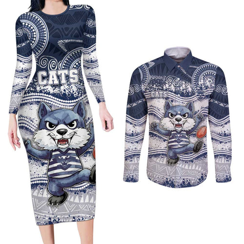 Custom Geelong Navy Couples Matching Long Sleeve Bodycon Dress and Long Sleeve Button Shirt Playful Cat Kicking Ball