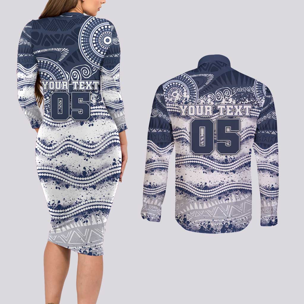 Custom Geelong Navy Couples Matching Long Sleeve Bodycon Dress and Long Sleeve Button Shirt Playful Cat Kicking Ball