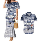 Custom Geelong Navy Couples Matching Mermaid Dress and Hawaiian Shirt Playful Cat Kicking Ball