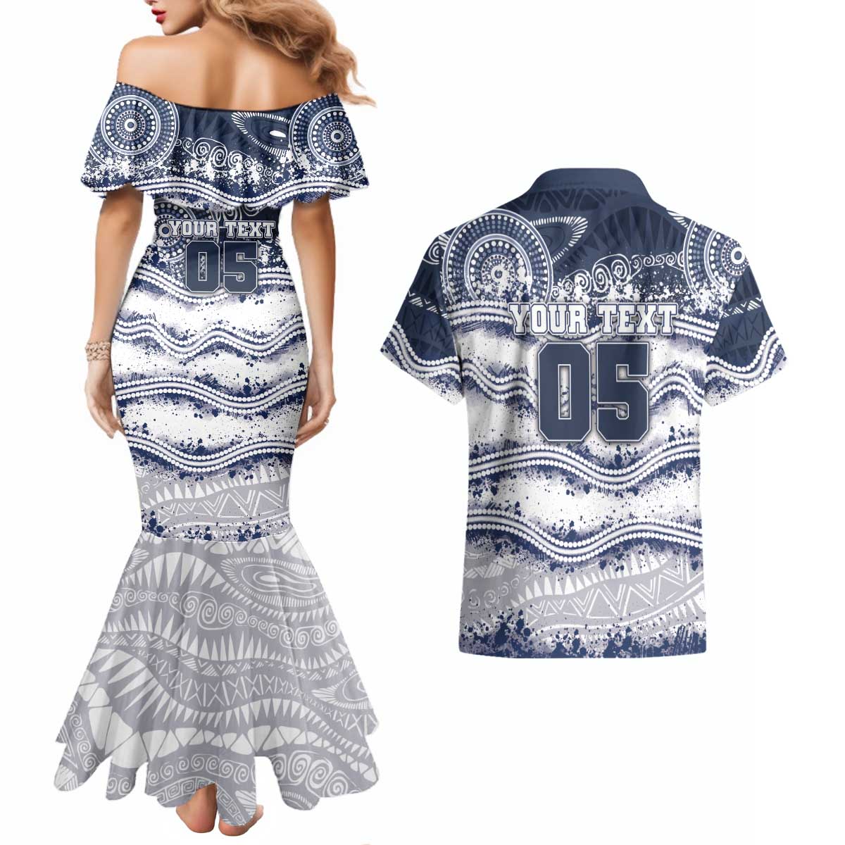 Custom Geelong Navy Couples Matching Mermaid Dress and Hawaiian Shirt Playful Cat Kicking Ball