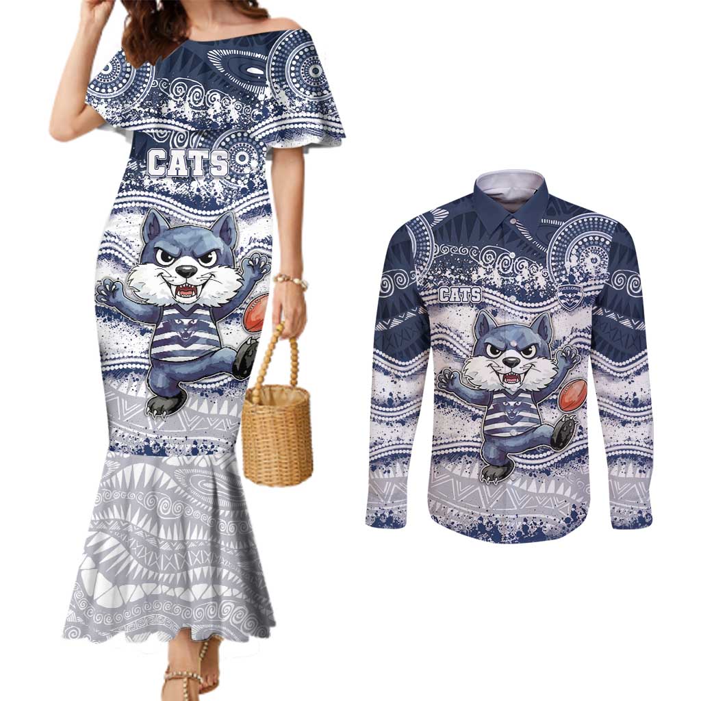 Custom Geelong Navy Couples Matching Mermaid Dress and Long Sleeve Button Shirt Playful Cat Kicking Ball