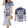 Custom Geelong Navy Couples Matching Mermaid Dress and Long Sleeve Button Shirt Playful Cat Kicking Ball