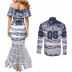 Custom Geelong Navy Couples Matching Mermaid Dress and Long Sleeve Button Shirt Playful Cat Kicking Ball