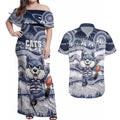 Custom Geelong Navy Couples Matching Off Shoulder Maxi Dress and Hawaiian Shirt Playful Cat Kicking Ball