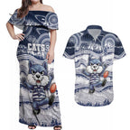 Custom Geelong Navy Couples Matching Off Shoulder Maxi Dress and Hawaiian Shirt Playful Cat Kicking Ball