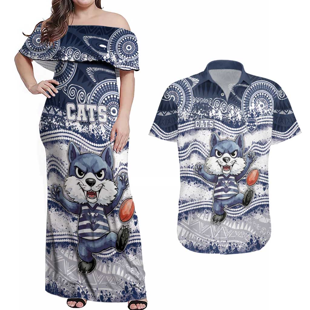 Custom Geelong Navy Couples Matching Off Shoulder Maxi Dress and Hawaiian Shirt Playful Cat Kicking Ball