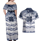 Custom Geelong Navy Couples Matching Off Shoulder Maxi Dress and Hawaiian Shirt Playful Cat Kicking Ball