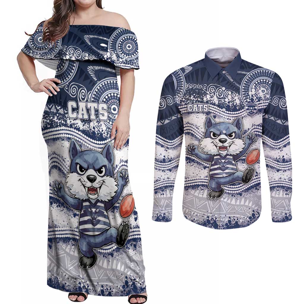 Custom Geelong Navy Couples Matching Off Shoulder Maxi Dress and Long Sleeve Button Shirt Playful Cat Kicking Ball