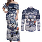 Custom Geelong Navy Couples Matching Off Shoulder Maxi Dress and Long Sleeve Button Shirt Playful Cat Kicking Ball