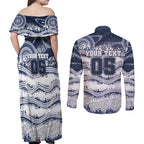 Custom Geelong Navy Couples Matching Off Shoulder Maxi Dress and Long Sleeve Button Shirt Playful Cat Kicking Ball