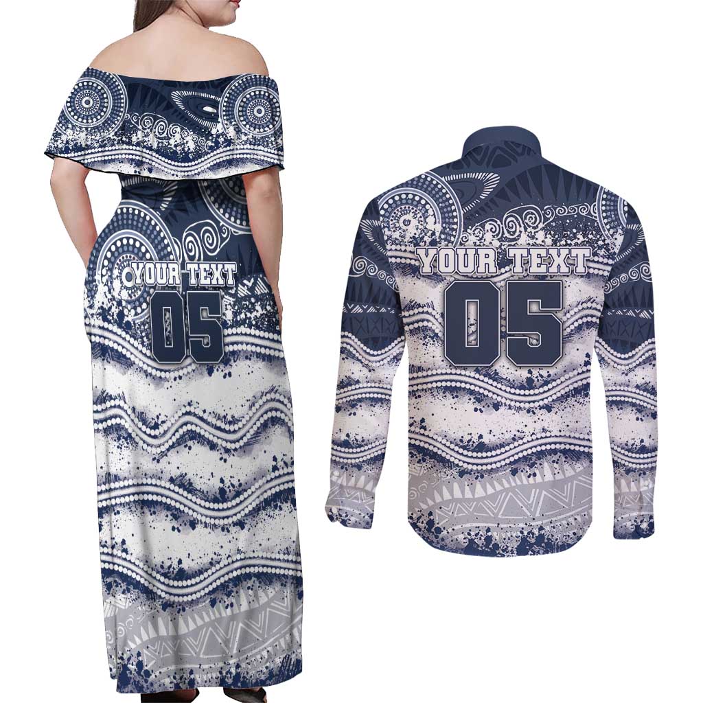Custom Geelong Navy Couples Matching Off Shoulder Maxi Dress and Long Sleeve Button Shirt Playful Cat Kicking Ball
