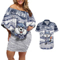 Custom Geelong Navy Couples Matching Off Shoulder Short Dress and Hawaiian Shirt Playful Cat Kicking Ball