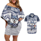 Custom Geelong Navy Couples Matching Off Shoulder Short Dress and Hawaiian Shirt Playful Cat Kicking Ball