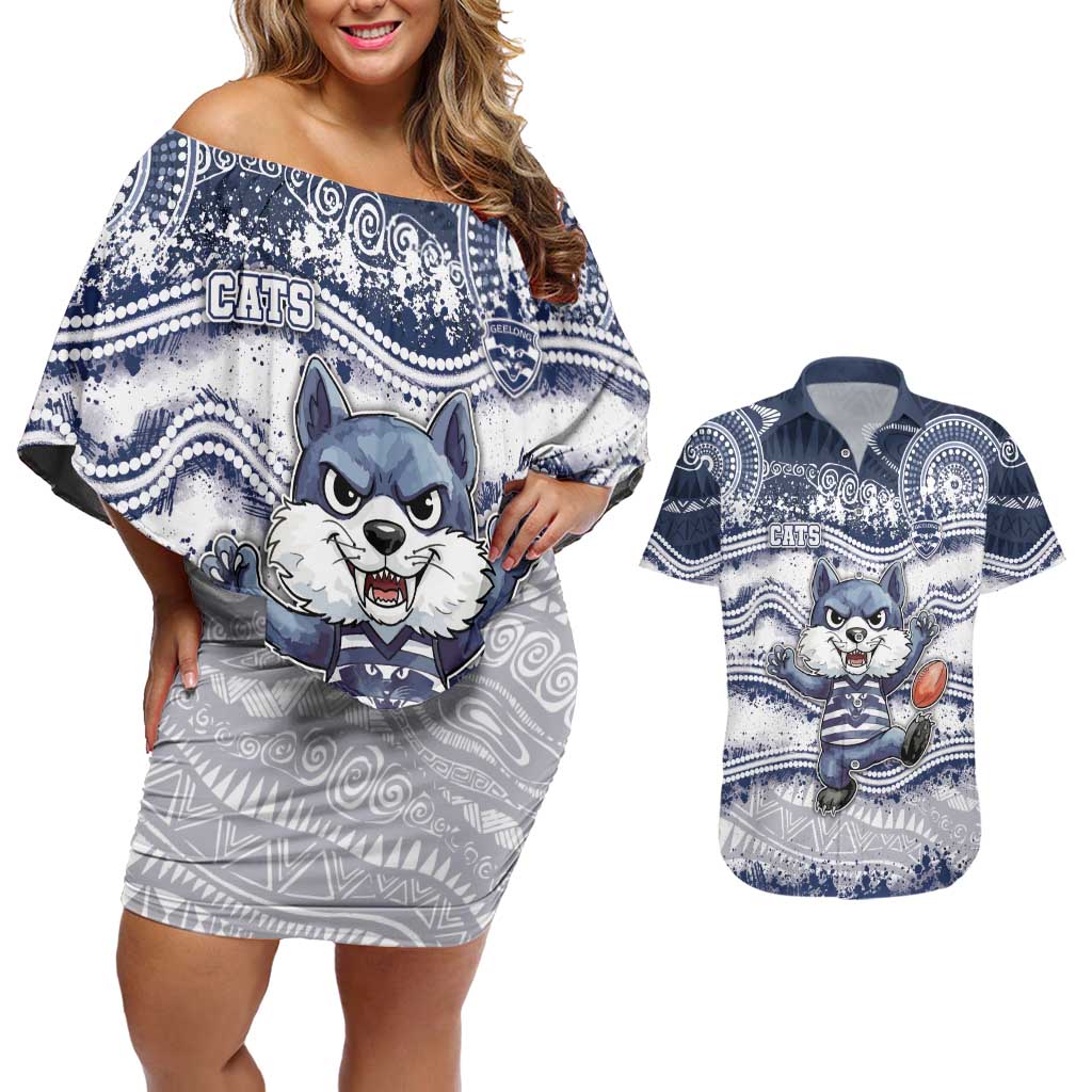 Custom Geelong Navy Couples Matching Off Shoulder Short Dress and Hawaiian Shirt Playful Cat Kicking Ball
