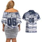 Custom Geelong Navy Couples Matching Off Shoulder Short Dress and Hawaiian Shirt Playful Cat Kicking Ball