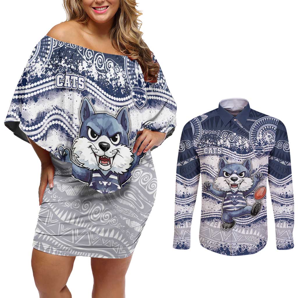 Custom Geelong Navy Couples Matching Off Shoulder Short Dress and Long Sleeve Button Shirt Playful Cat Kicking Ball