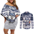 Custom Geelong Navy Couples Matching Off Shoulder Short Dress and Long Sleeve Button Shirt Playful Cat Kicking Ball
