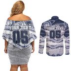 Custom Geelong Navy Couples Matching Off Shoulder Short Dress and Long Sleeve Button Shirt Playful Cat Kicking Ball