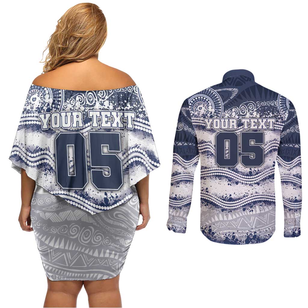 Custom Geelong Navy Couples Matching Off Shoulder Short Dress and Long Sleeve Button Shirt Playful Cat Kicking Ball