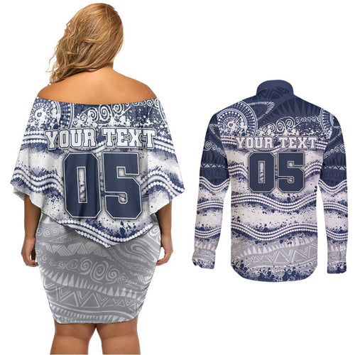 Custom Geelong Navy Couples Matching Off Shoulder Short Dress and Long Sleeve Button Shirt Playful Cat Kicking Ball