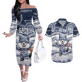 Custom Geelong Navy Couples Matching Off The Shoulder Long Sleeve Dress and Hawaiian Shirt Playful Cat Kicking Ball