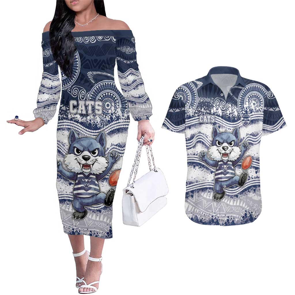 Custom Geelong Navy Couples Matching Off The Shoulder Long Sleeve Dress and Hawaiian Shirt Playful Cat Kicking Ball