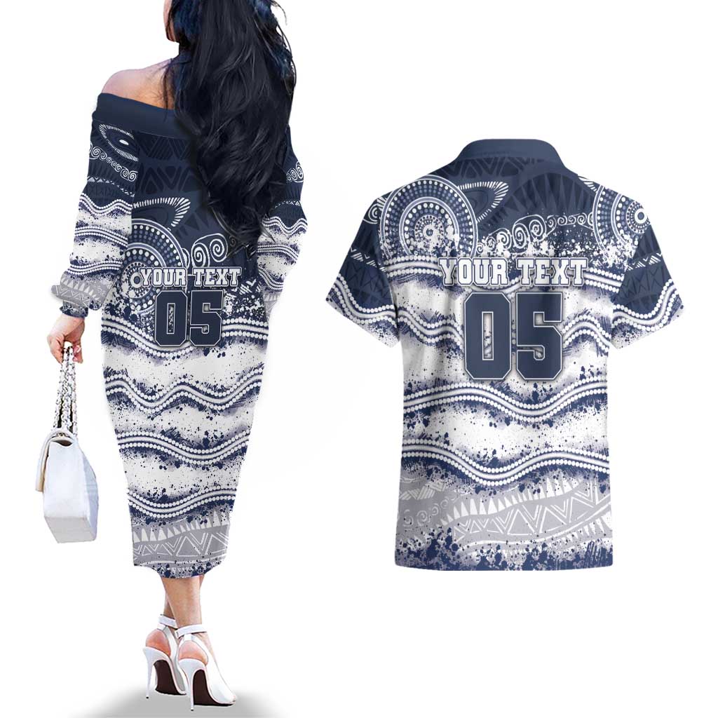 Custom Geelong Navy Couples Matching Off The Shoulder Long Sleeve Dress and Hawaiian Shirt Playful Cat Kicking Ball