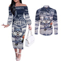 Custom Geelong Navy Couples Matching Off The Shoulder Long Sleeve Dress and Long Sleeve Button Shirt Playful Cat Kicking Ball