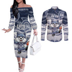 Custom Geelong Navy Couples Matching Off The Shoulder Long Sleeve Dress and Long Sleeve Button Shirt Playful Cat Kicking Ball