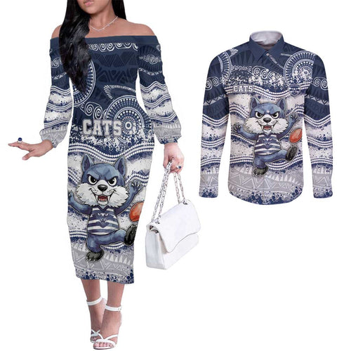 Custom Geelong Navy Couples Matching Off The Shoulder Long Sleeve Dress and Long Sleeve Button Shirt Playful Cat Kicking Ball