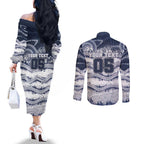 Custom Geelong Navy Couples Matching Off The Shoulder Long Sleeve Dress and Long Sleeve Button Shirt Playful Cat Kicking Ball